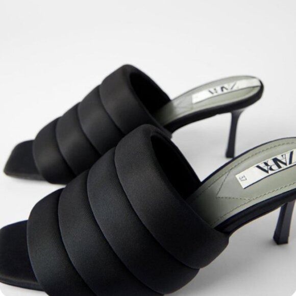 Zara Padded Quilted Slip On Slide Heel Mules Sandals 36 Black Square Toe Comfy - Picture 4 of 16